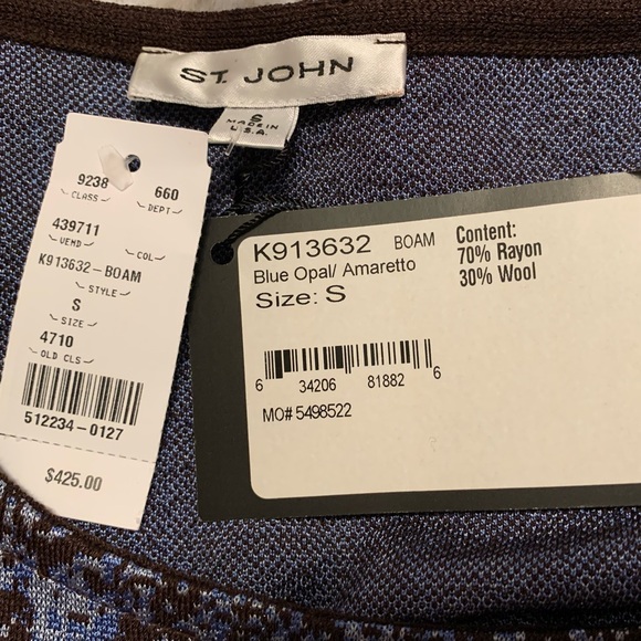 ST.JOHN geometric print blue opal rayon blend heavier shell size small NWT - Picture 10 of 13